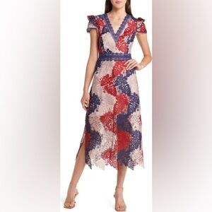 Adelyn Rae Adeline Palm Lace Midi Dress Cap Sleeve Blue Red Tan sz Small